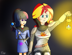 Size: 3080x2381 | Tagged: safe, artist:film77asq, imported from derpibooru, sci-twi, sunset shimmer, twilight sparkle, equestria girls, armor, chainmail, clothes, dark, duo, female, human coloration, knight, lamp, lantern, mage, staff