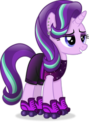 Size: 3156x4324 | Tagged: safe, artist:anime-equestria, imported from derpibooru, starlight glimmer, pony, unicorn, '90s, alternate clothes, blue eyes, clothes, ear piercing, eyeshadow, female, full body, grin, high res, hooves, horn, lidded eyes, makeup, mare, multicolored mane, multicolored tail, piercing, roller skates, shadow, shorts, simple background, smiling, solo, standing, tail, three quarter view, transparent background, vector