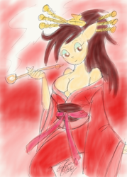 Size: 800x1117 | Tagged: safe, artist:gameboyred, imported from derpibooru, oc, oc only, oc:emble, anthro, anthro oc, bare shoulders, breasts, cleavage, clothes, female, kimono (clothing), pipe, smoking, solo