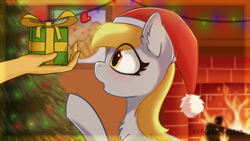 Size: 7111x4000 | Tagged: safe, artist:d3f4ult_4rt1st, imported from derpibooru, derpy hooves, human, pony, blushing, chest fluff, christmas, christmas lights, christmas tree, ear fluff, fireplace, food, hand, hat, heart, holiday, muffin, painting, picture, present, santa hat, solo focus, tree