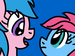 Size: 1024x768 | Tagged: safe, artist:danielthebrony57, imported from derpibooru, baby cuddles, firefly, earth pony, pegasus, pony, baby, baby cuddles is not amused, baby pony, blue background, cuddlebetes, cuddlefly, cute, duo, eye clipping through hair, eye contact, female, filly, flyabetes, foal, frown, g1, g1 to g4, g4, generation leap, lesbian, looking at each other, looking at someone, mare, shipping, siblings, simple background, sisters, smiling, talking, unamused, what the heck, wide eyes