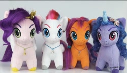 Size: 1060x613 | Tagged: safe, artist:larsen toys, imported from derpibooru, izzy moonbow, pipp petals, sunny starscout, zipp storm, earth pony, pegasus, pony, unicorn, chibi, female, for sale, g5, irl, mare, my little pony: a new generation, photo, plushie