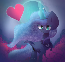 Size: 2300x2200 | Tagged: safe, artist:miryelis, imported from derpibooru, princess luna, alicorn, pony, cute, female, flower, heart, horn, looking at you, lunabetes, magic, mare, moon, night, smiling, smiling at you, solo, standing, stars, wings