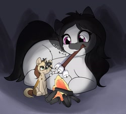 Size: 2469x2232 | Tagged: safe, artist:taurson, imported from derpibooru, oc, oc:elinvar, oc:inkenel, oc:oretha, pony, unicorn, campfire, food, giant pony, macro, marshmallow, micro, roasted marshmallow, size difference