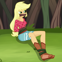 Size: 2000x2000 | Tagged: safe, artist:splendidbondage, imported from derpibooru, applejack, equestria girls, ankle tied, bondage, bound and gagged, clothes, female, gag, solo, vine, vine bondage, vine gag