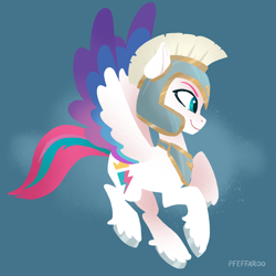 Size: 2048x2048 | Tagged: safe, artist:pfeffaroo, imported from derpibooru, zipp storm, pegasus, pony, armor, female, g5, helmet, high res, mare, my little pony: a new generation, smiling, solo, spread wings, wings