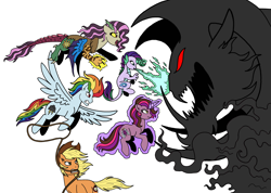 Size: 2670x1899 | Tagged: safe, artist:melspyrose, imported from derpibooru, oc, oc:crystal gem, oc:johnny appleseed, oc:mirage, oc:tempest bolt, oc:violet harmony, draconequus, dracony, dragon, earth pony, ghost, hybrid, pegasus, pony, undead, unicorn, age of equestria, fight, g1, grogar (g1), interspecies offspring, offspring, parent:applejack, parent:caramel, parent:discord, parent:fluttershy, parent:oc:courageous heart, parent:rainbow dash, parent:rarity, parent:soarin', parent:spike, parent:twilight sparkle, parents:canon x oc, parents:carajack, parents:discoshy, parents:soarindash, parents:sparity, rope