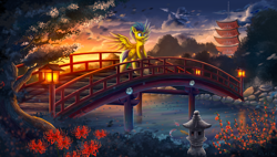 Size: 4619x2625 | Tagged: safe, artist:atlas-66, imported from derpibooru, oc, oc only, fish, koi, pegasus, pony, asian, bridge, happy, japan, lantern, male, nature, pagoda, scenery, scenery porn, sky, solo, tree, water