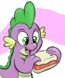 Size: 844x1005 | Tagged: safe, artist:doodledonutart, imported from derpibooru, spike, dragon, cute, fangs, food, gem, happy, male, open mouth, open smile, sandwich, smiling, solo, spikabetes