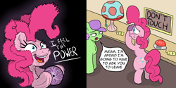 Size: 1950x978 | Tagged: safe, artist:doodledonutart, imported from derpibooru, pinkie pie, earth pony, pony, 2 panel comic, bipedal, button, comic, epic fail, fail, female, lamp, mare, plasma ball, staples