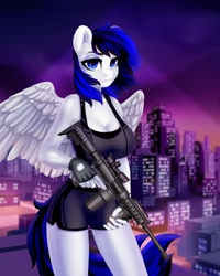 Size: 1024x1280 | Tagged: safe, alternate version, artist:shooshaa, imported from derpibooru, oc, oc only, oc:hot breach, anthro, pegasus, ar-15, big breasts, breasts, city, cityscape, cleavage, clothes, commission, female, fingerless gloves, gloves, gun, jpg, looking at you, rifle, rooftop, shorts, solo, tanktop, twilight (astronomy), weapon, wings