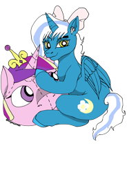 Size: 1280x1707 | Tagged: safe, artist:songstressnotes, imported from derpibooru, princess cadance, oc, oc:fleurbelle, alicorn, alicorn oc, bow, chibi, crown, female, hair bow, horn, hug, jewelry, mare, pillow, pillow hug, princess, regalia, simple background, transparent background, wings, yellow eyes