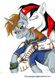 Size: 722x1014 | Tagged: safe, artist:ebonypegasus, imported from derpibooru, oc, oc only, oc:blackjack, oc:littlepip, cyborg, pony, unicorn, fallout equestria, fallout equestria: project horizons, amputee, blushing, clothes, cybernetic legs, duo, eyes closed, fanfic art, female, horn, jumpsuit, lesbian, licking, mare, mare on mare, prosthetics, simple background, small horn, tongue out, transparent background, vault suit