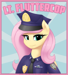 Size: 1000x1107 | Tagged: safe, artist:augustbebel, imported from derpibooru, fluttershy, pegasus, semi-anthro, bust, clothes, fluttercop, hat, necktie, police, police hat, police pony, police uniform, portrait, solo, uniform