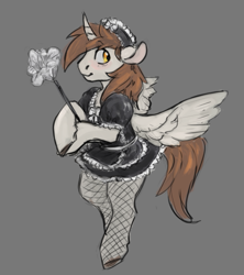 Size: 761x857 | Tagged: safe, artist:purple-blep, imported from derpibooru, oc, oc:mitchy, alicorn, pony, alicorn oc, clothes, crossdressing, femboy, horn, maid, male, solo, wings