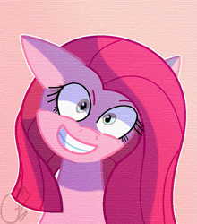 Size: 765x868 | Tagged: safe, artist:greenmarta, artist:leanne, imported from derpibooru, pinkie pie, earth pony, pony, bust, collaboration, female, grin, pink background, pinkamena diane pie, simple background, smiling, solo