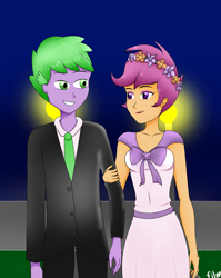 Size: 2192x2760 | Tagged: safe, artist:film77asq, imported from derpibooru, scootaloo, spike, equestria girls, clothes, dress, duo, equestria girls-ified, female, floral head wreath, flower, human spike, male, request, scootaspike, shipping, straight, suit