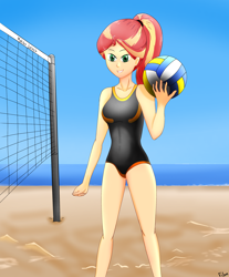 Size: 2448x2955 | Tagged: safe, artist:film77asq, imported from derpibooru, sunset shimmer, equestria girls, beach, beach ball, clothes, female, human coloration, one-piece swimsuit, solo, sports, sunset, swimsuit, volleyball