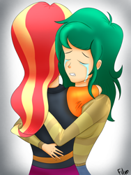 Size: 2104x2800 | Tagged: safe, artist:film77asq, imported from derpibooru, sunset shimmer, wallflower blush, equestria girls, equestria girls series, forgotten friendship, clothes, comforting, crying, duo, duo female, eyes closed, female, hug, human coloration, sad