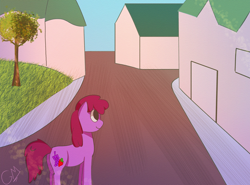 Size: 3300x2438 | Tagged: safe, artist:greenmarta, imported from derpibooru, berry punch, berryshine, earth pony, pony, butt, female, house, mare, plot, solo, street, tree