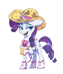 Size: 1190x1404 | Tagged: safe, artist:fanzeem, imported from derpibooru, rarity, pony, unicorn, basket, boots, clothes, commission, eyeshadow, female, hat, lidded eyes, looking at you, makeup, mare, open mouth, open smile, raised hoof, rhinestone rarihick, shoes, simple background, smiling, solo, white, white background