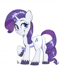 Size: 1190x1404 | Tagged: safe, artist:fanzeem, imported from derpibooru, rarity, pony, unicorn, butt, commission, cute, female, mare, plot, raised hoof, raribetes, simple background, smiling, solo, unshorn fetlocks, white background