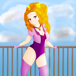 Size: 4000x4000 | Tagged: safe, artist:toffrox, imported from derpibooru, adagio dazzle, equestria girls, breasts, cleavage, clothes, cloud, female, gem, human coloration, leotard, looking at you, railing, siren gem, sky, socks, solo, thigh highs