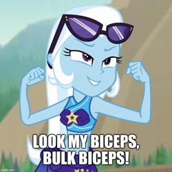 Size: 738x738 | Tagged: safe, edit, edited screencap, imported from derpibooru, screencap, trixie, equestria girls, equestria girls series, forgotten friendship, biceps, bikini, caption, clothes, flexing, image macro, implied bulk biceps, sarong, solo, swimsuit, text