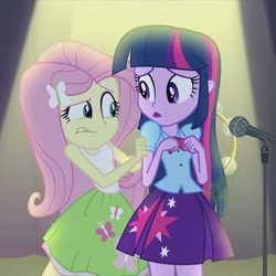 Size: 564x564 | Tagged: safe, artist:lekonar13, edit, edited screencap, imported from derpibooru, screencap, fluttershy, twilight sparkle, equestria girls, clothes, fart, fart edit, fart fetish, fetish, microphone, microphone stand, scene, skirt