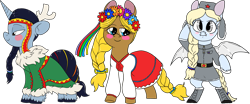 Size: 4817x2000 | Tagged: safe, artist:northernlightsone, imported from derpibooru, oc, oc only, oc:hokosya, oc:mishka (bat pony), oc:sonyasha, bat pony, earth pony, pony, unicorn, antlers, bat pony oc, belt, bipedal, blushing, boots, braid, clothes, coat, dress, fangs, female, floral head wreath, flower, grin, hat, mare, nenets, russia, shoes, simple background, skirt, smiling, transparent background, trio, ukraine, unshorn fetlocks, ushanka