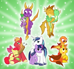 Size: 3461x3212 | Tagged: safe, artist:porygon2z, imported from derpibooru, apple bloom, big macintosh, shining armor, spike, oc, oc:blaze, oc:heatwave, oc:jade, oc:topaz, dragon, earth pony, griffon, pony, unicorn, butt, dragoness, female, filly, foal, hug, plot, spyro the dragon, spyro the dragon (series)