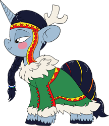 Size: 1731x2000 | Tagged: safe, artist:northernlightsone, derpibooru exclusive, imported from derpibooru, oc, oc only, oc:hokosya, pony, unicorn, antlers, blushing, clothes, coat, female, mare, simple background, solo, transparent background, unshorn fetlocks