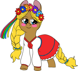 Size: 2204x2000 | Tagged: safe, artist:northernlightsone, derpibooru exclusive, imported from derpibooru, oc, oc only, oc:sonyasha, earth pony, pony, blushing, braid, clothes, dress, female, floral head wreath, flower, mare, shirt, simple background, skirt, solo, transparent background, ukraine