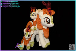 Size: 1095x730 | Tagged: safe, artist:kiashone, imported from derpibooru, autumn blaze, kirin, advertisement, autumn plenty, black background, irl, multeity, photo, plushie, qr code, simple background, text