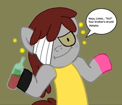 Size: 1213x1041 | Tagged: safe, artist:pagiepoppie12345, imported from derpibooru, earth pony, pony, bandage, bottle, drunk, implied linkie lovie, male, one eyed, ponified, rob, shrug, shrugpony, speech bubble, the amazing world of gumball