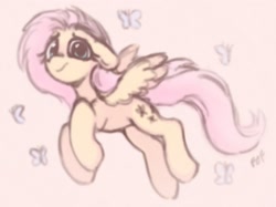 Size: 1882x1408 | Tagged: safe, artist:flixanoa, imported from derpibooru, fluttershy, butterfly, pegasus, pony, female, floppy ears, flying, looking at you, looking down, mare, solo, spread wings, wings