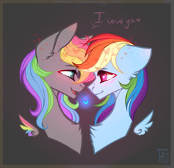 Size: 881x854 | Tagged: safe, artist:adele-blooming-art, imported from derpibooru, rainbow dash, oc, pegasus, pony, black background, blushing, bust, canon x oc, chest fluff, colored wings, ear fluff, female, floating wings, looking at each other, looking at someone, mare, multicolored hair, multicolored wings, rainbow hair, rainbow wings, shipping, simple background, wings