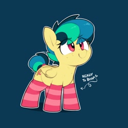 Size: 1120x1120 | Tagged: safe, artist:shinodage, imported from ponybooru, oc, oc only, oc:apogee, pegasus, pony, blue background, clothes, eyebrows visible through hair, female, filly, foal, freckles, imminent boop, simple background, smiling, smug, socks, solo, striped socks, tail wrap, text