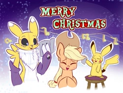 Size: 2000x1500 | Tagged: safe, artist:heir-of-rick, imported from ponybooru, applejack, earth pony, pikachu, pony, renamon, cowboy hat, crossover, digimon, eyes closed, female, hat, mare, merry christmas, music notes, pokémon, singing