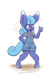 Size: 1000x1400 | Tagged: safe, artist:heir-of-rick, imported from ponybooru, oc, oc only, oc:sapphire lollipop, anthro, earth pony, unguligrade anthro, clothes, female, hand on hip, overalls, peace sign, simple background, solo, tongue out, white background