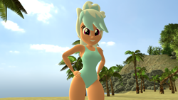 Size: 1920x1080 | Tagged: safe, artist:mr.uberrebu25, imported from derpibooru, frosty orange, equestria girls, 3d, beach, beach babe, blue swimsuit, breasts, busty frosty orange, clothes, hand on hip, one-piece swimsuit, palm tree, solo, swimsuit, tree