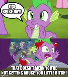 Size: 500x560 | Tagged: safe, edit, edited screencap, imported from ponybooru, screencap, pinkie pie, spike, twilight sparkle, alicorn, dragon, earth pony, pony, horse play, it ain't easy being breezies, abuse, booing, female, food, male, solo focus, speech bubble, spike day, spikeabuse, stage, text, tomato, tomatoes, vulgar