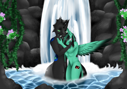 Size: 8500x6000 | Tagged: safe, imported from derpibooru, oc, oc only, oc:404, oc:ginny, alicorn, anthro, changeling, love, waterfall