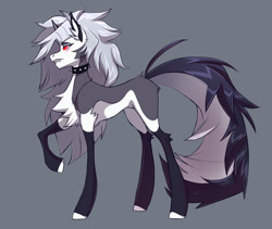 Size: 1280x1081 | Tagged: safe, artist:1an1, imported from derpibooru, earth pony, pony, blank flank, chest fluff, collar, crossover, ear fluff, fangs, female, gray background, grey hair, helluva boss, long hair, looking back, loona (helluva boss), mane, ponified, raised leg, red sclera, side view, simple background, solo, spiked collar, tail, teeth, white eyes