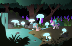 Size: 1600x1013 | Tagged: safe, artist:aleximusprime, imported from derpibooru, cozy glow, princess flurry heart, twilight, flurry heart's story, a better ending for cozy, aleximusprime is trying to murder us, alicorn amulet, angry, bush, cozy glow is not amused, cozybetes, cute, description is relevant, dream of alicornication, everfree forest, female, filly, filly flurry heart, foal, glowing mushroom, leaves, messy mane, mushroom, nature, night, plants, pond, pouting, rock, sad, safeguard bracelet, stone, story in the source, story included, tree, water, waterfall, wet, wet mane