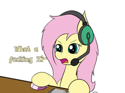 Size: 1907x1421 | Tagged: safe, artist:wapamario63, imported from ponybooru, fluttershy, mouse, pegasus, pony, colored, dialogue, female, flat colors, gaming, gaming headset, headphones, headset, keyboard, mare, messy mane, microphone, simple background, sitting, solo, transparent background