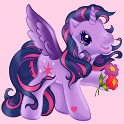 Size: 1280x1280 | Tagged: safe, artist:horse-time-babey, imported from derpibooru, twilight sparkle, alicorn, pony, female, flower, flowing mane, g3, g4, g4 to g3, generation leap, hoof heart, simple background, solo, style emulation, twilight sparkle (alicorn)