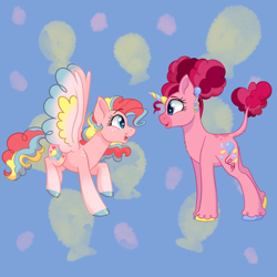 Size: 640x640 | Tagged: safe, artist:horse-time-babey, imported from derpibooru, pinkie pie, pegasus, pony, balloon, colored wings, duo, ear piercing, earring, excited, hair bun, jewelry, looking at each other, looking at someone, multicolored hair, multicolored wings, pegasus pinkie pie, piercing, race swap, raised tail, redesign, simple background, tail, unicorn pinkie pie, wings