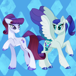 Size: 640x640 | Tagged: safe, artist:horse-time-babey, imported from derpibooru, rarity, earth pony, pegasus, pony, alternate cutie mark, alternate hairstyle, coat markings, colored hooves, colored wings, diamond, duo, earth pony rarity, eyeshadow, facial markings, female, looking at each other, looking at someone, makeup, multicolored wings, pale belly, pegasus rarity, ponytail, race swap, raised hoof, redesign, simple background, snip (coat marking), socks (coat markings), spread wings, tiled background, unshorn fetlocks, wings
