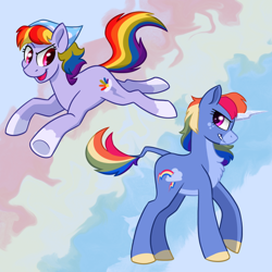 Size: 640x640 | Tagged: safe, artist:horse-time-babey, imported from derpibooru, rainbow dash, pony, duo, earth pony rainbow dash, female, jumping, looking at each other, looking at someone, race swap, redesign, simple background, unicorn rainbow dash